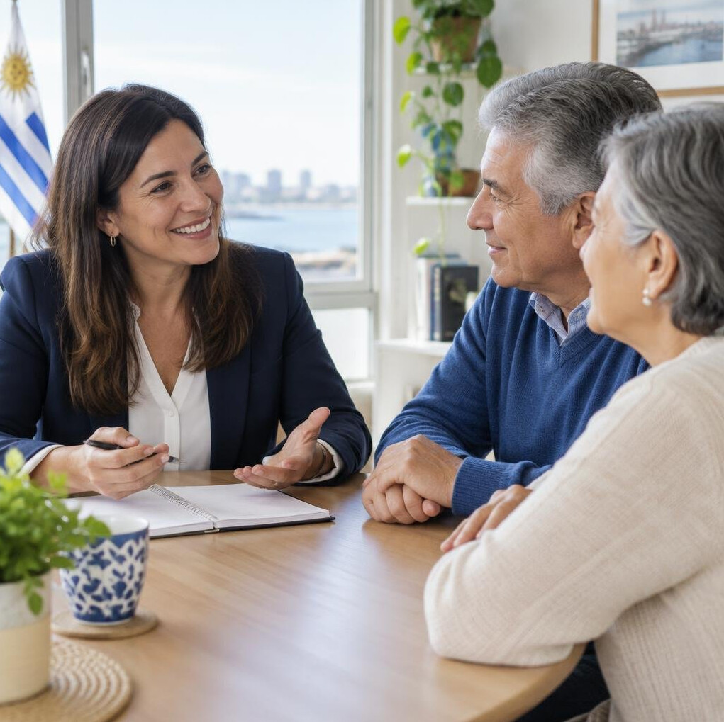 Senior couple talking with an advisor at a table