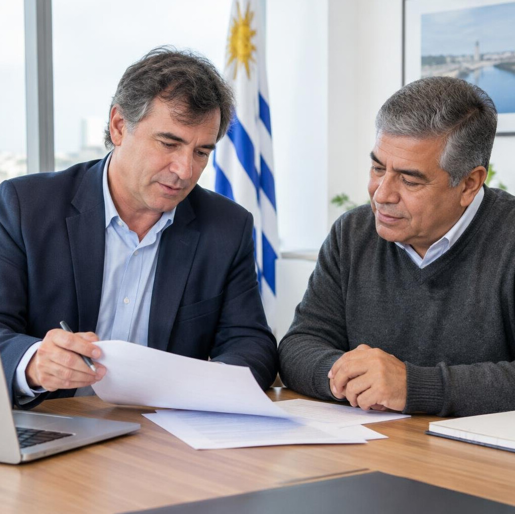 Advisor and a mature man reviewing papers together at a desk