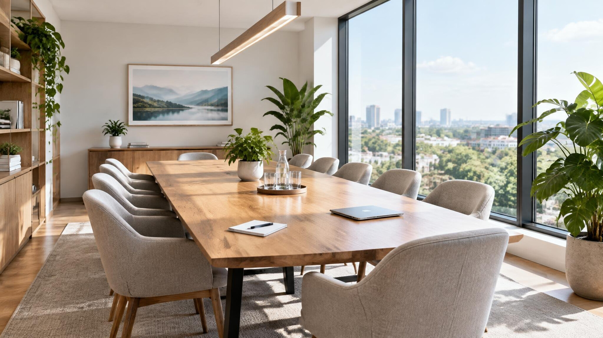 Bright modern office with a long table and chairs