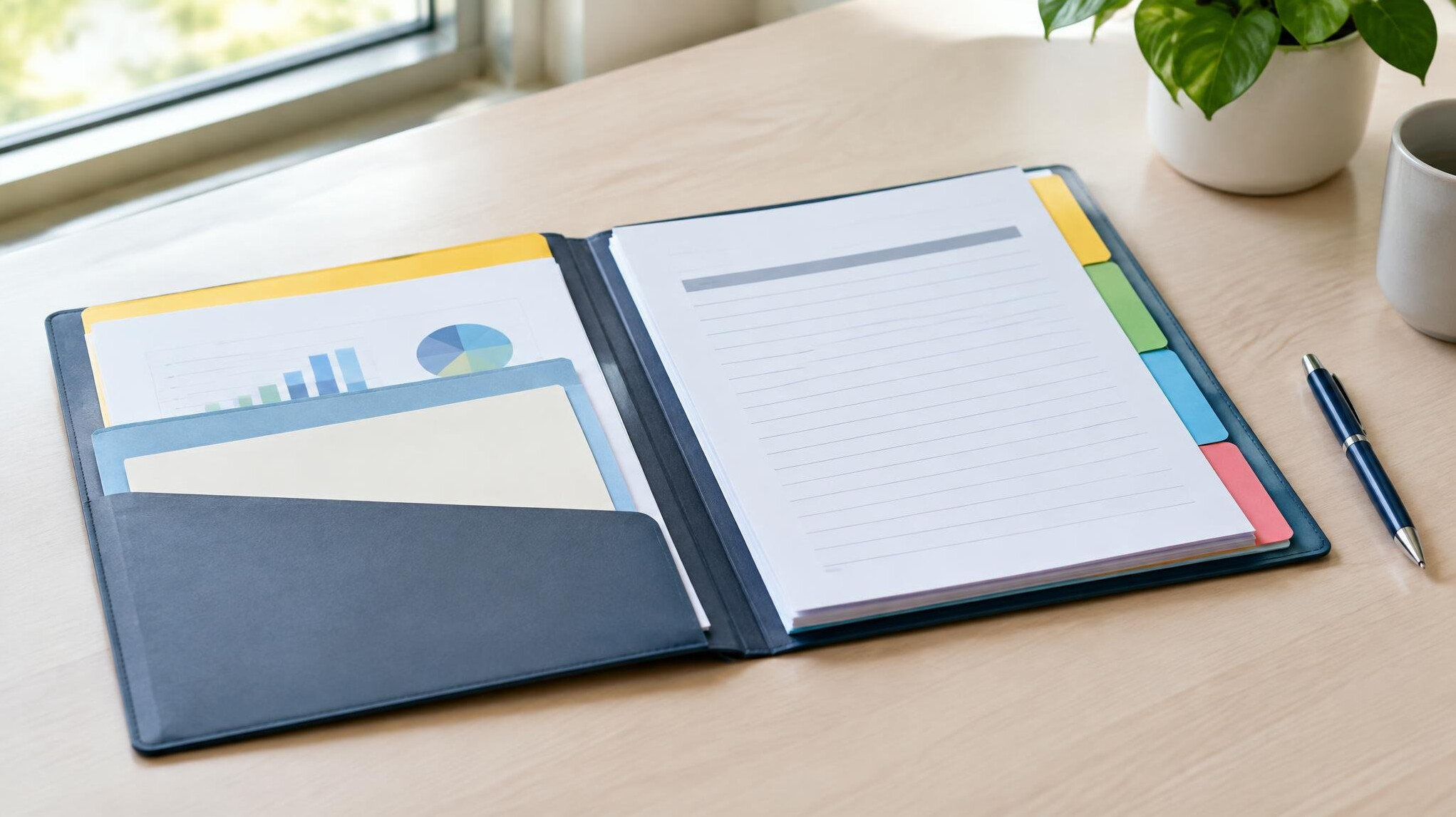 Folder with organized documents and a pen on a table