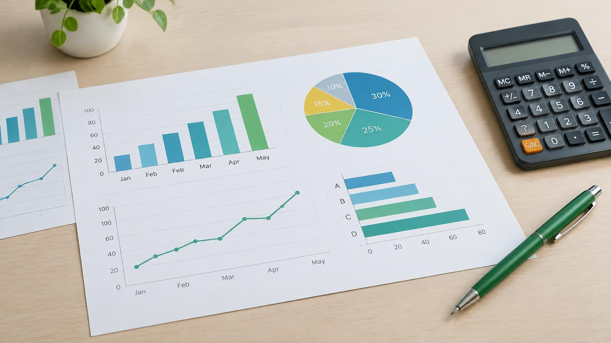 Printed charts and a calculator on a table